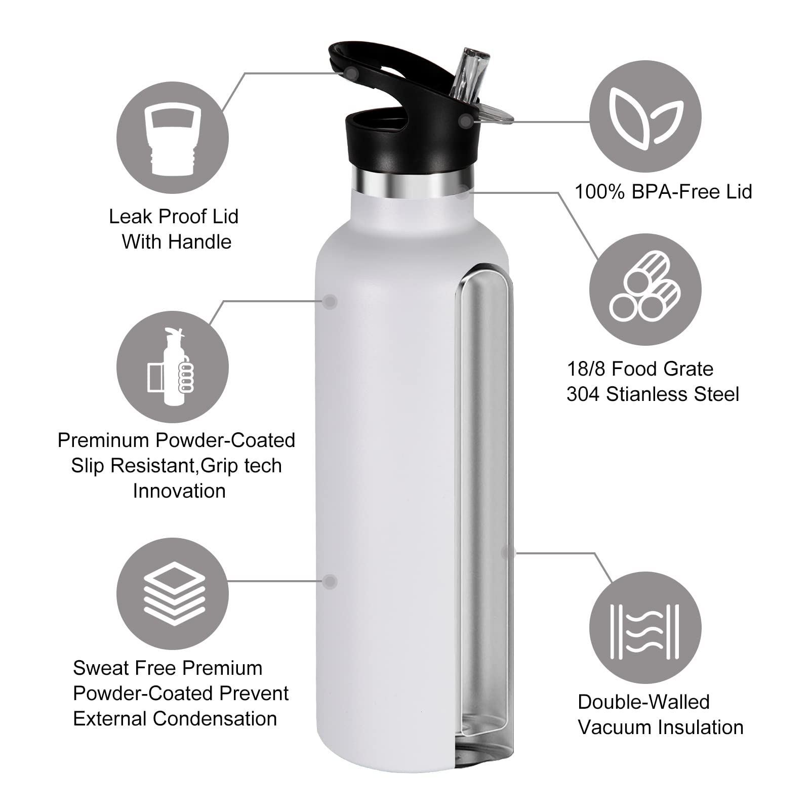 Neihepal White Stainless Steel Water Bottles,24 Ounce Vacuum Insulated Double Wall Travel Bottle With Leak-Proof Straw Lid Of Ha